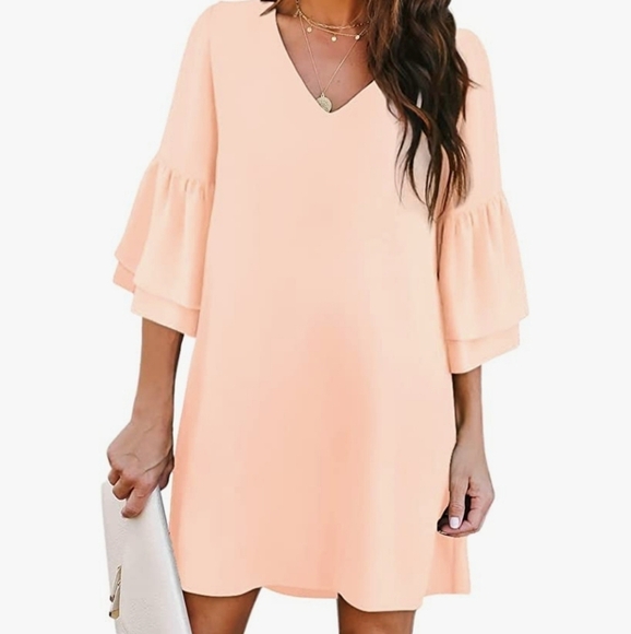 BELONGSCI Sweet & Cute V-Neck Bell Sleeve Shift Dress Mini Dress Peach Size L - Picture 2 of 9